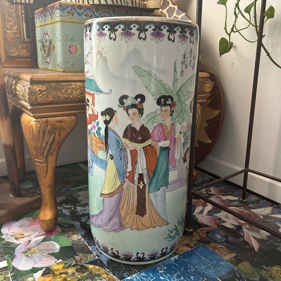 Vintage Porcelain Hand-Painted Vase/Umbrella Stand Geisha & Flowers 18”x8.5” - Picture 1 of 16